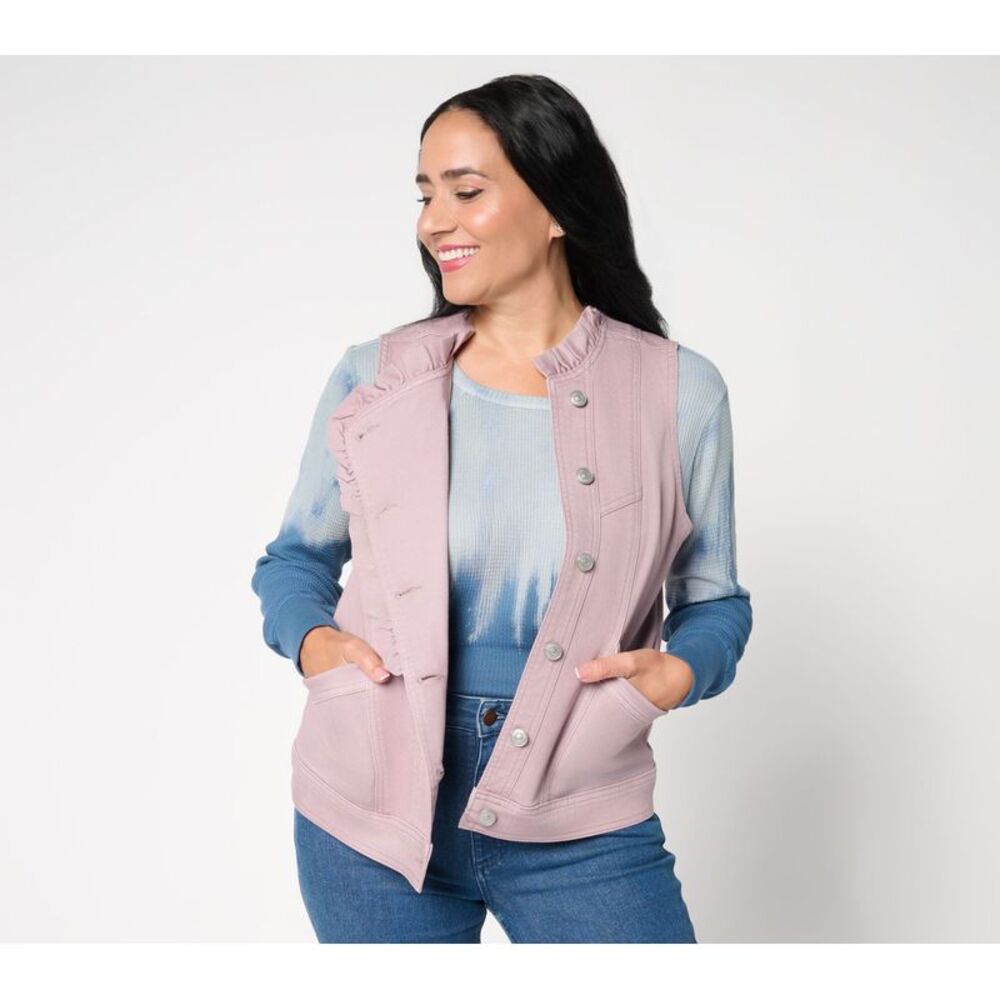 Adidas Women's Jacket Sz M Denim Ruffle Vest Michelle Floral Chalk Pink A703155